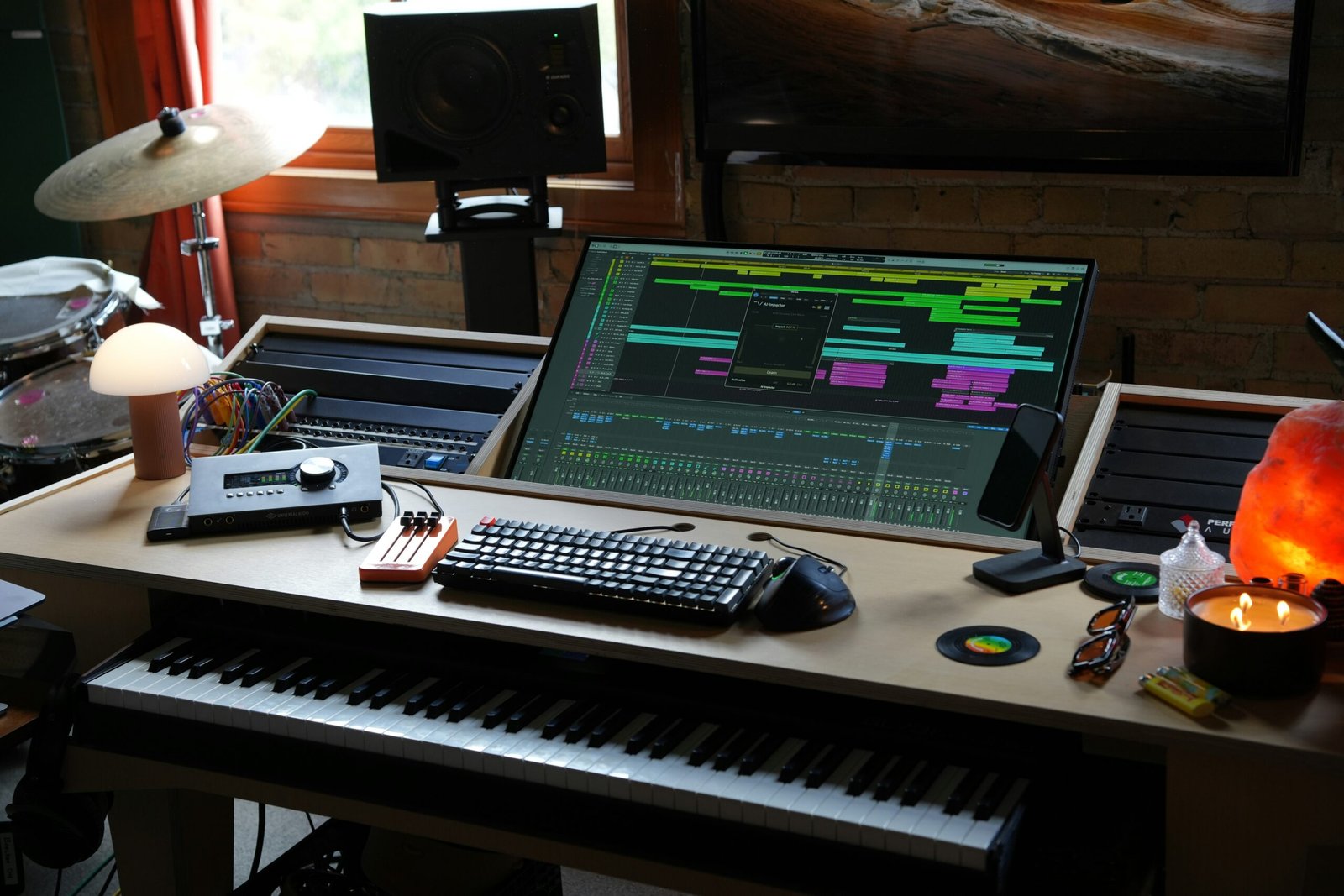 A desk with a keyboard and a monitor